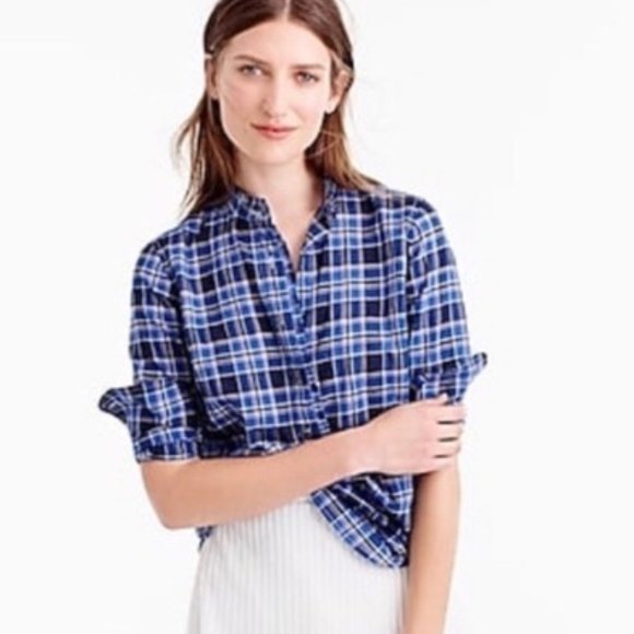 J. Crew Tops - J. Crew Ocean Blue Plaid Ruffle Popover Shirt